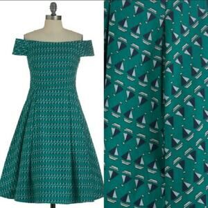 Emily and Fin Teal and Navy Sailboat Off-Shoulder Dress